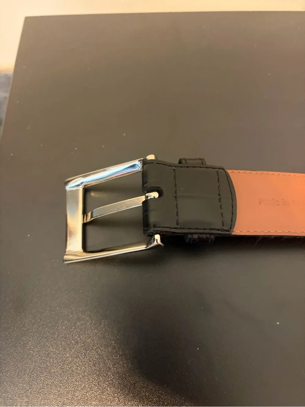 Johnston & Murphy Black Leather Belt with Silver Buckle and Brown Reverse